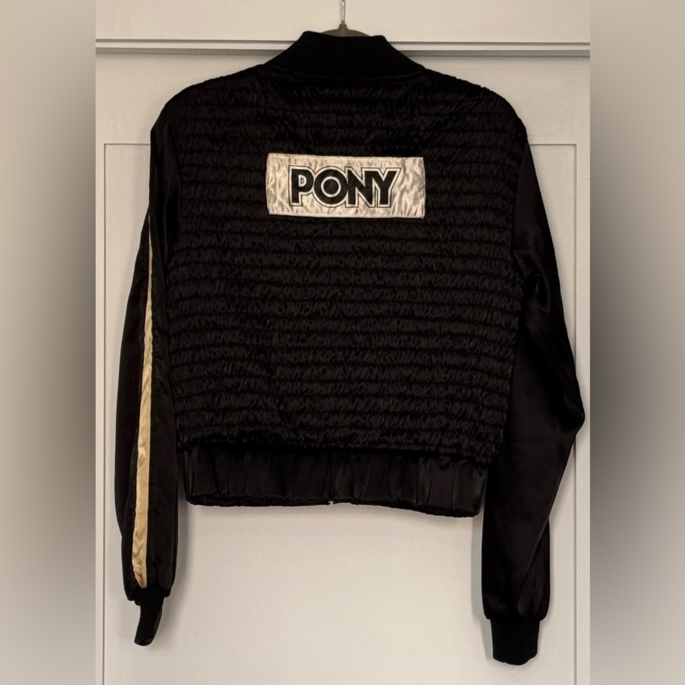 Black Pony Jacket with Logo Patch and Racer Stripes